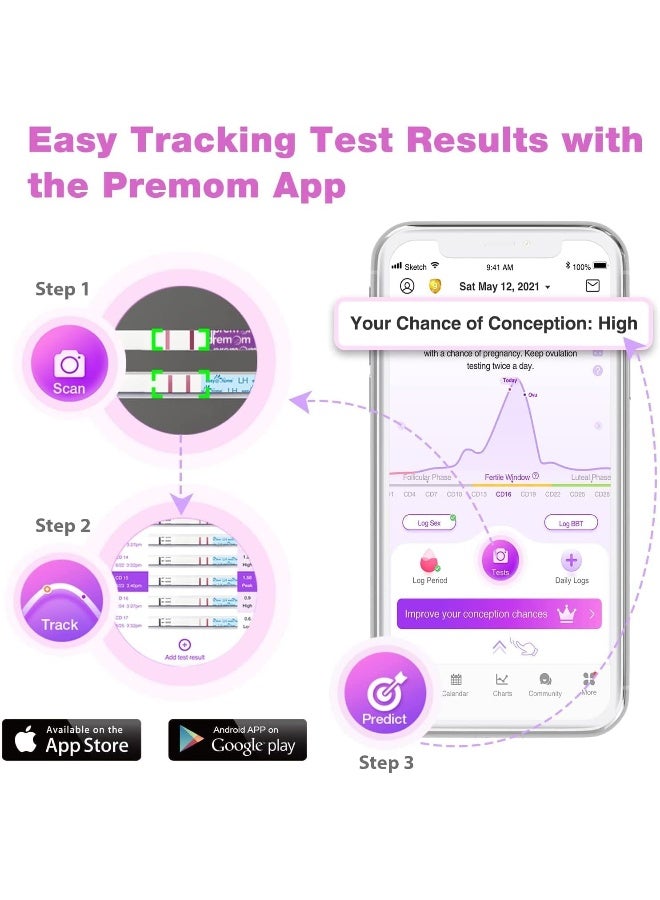 عربست مجموعة اختبارات التبويض والحمل Predictor APP، 40 شريط اختبار حمل، 10 شرائط تبويض، 40 اختبار LH + 10 HCG - Image 4